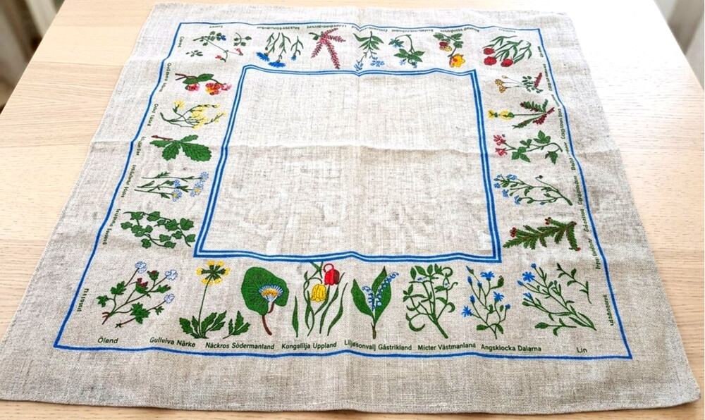 Vintage Frösö Handtryck Swedish Linen Tablecloth 25" Botanical Wildflowers
